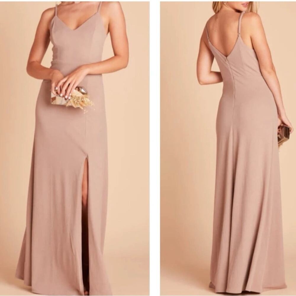 Birdy Grey Jay Crepe Gown Taupe Spaghetti Straps V Neck Slit Stretch Size XL NEW